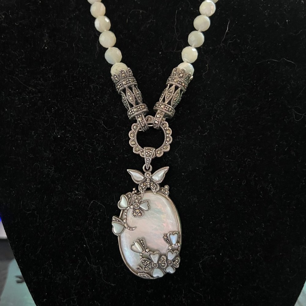 Artisan 925 Silver MOP Marcasite Faceted Iolite Tourmaline Necklace - Picture 2 of 9